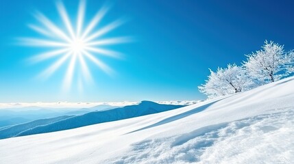   A sun glimmers on a snow-capped mountain with a solitary tree in the foreground and a blue backdrop
