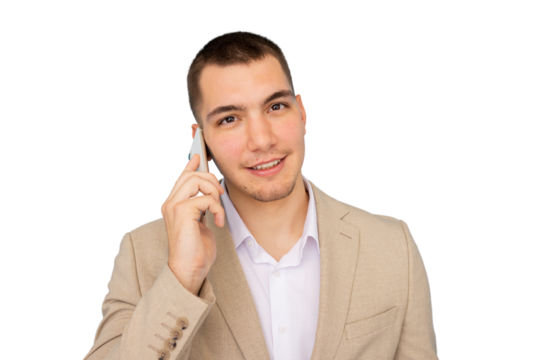 Young businessman talking on mobile phone, smiling confidently against transparent background - Powered by Adobe