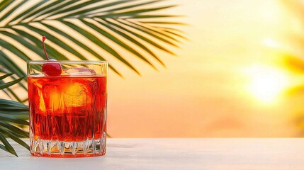   Close-up of a drink in a glass with cherry on rim, set against tropical palm tree backdrop