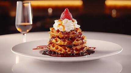  A waffle on a white plate, topped with syrup, whipped cream, and a strawberry