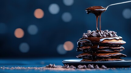   A spoon drizzles chocolate onto a stack of chocolate pancakes on a plate with chocolate chips