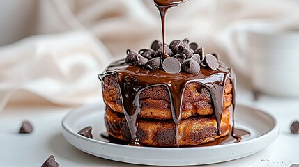   Close-up of a cake on a plate with chocolate sauce drizzled on top