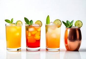 Fototapeta premium Four different cocktails are displayed against a plain white background. Each drink is presented in a distinct glass or copper mug, topped with ice, mint, and a lime wedge.