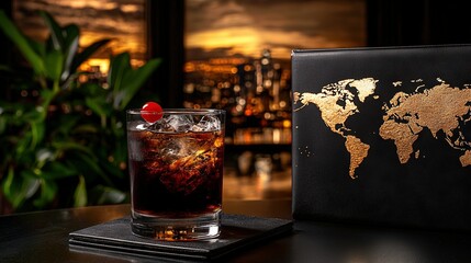   A book with a world map on its back sits on a table, holding a drink in a glass