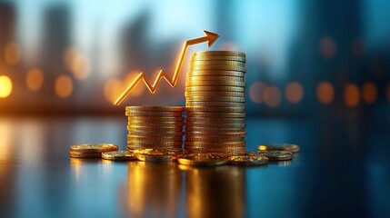   A gold coin stack with an upward arrow is displayed in front of a fuzzy urban backdrop