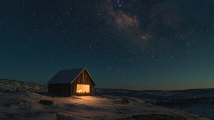   A barn rests atop a snow-covered hillside, bathed in the glow of a brilliant night sky filled with twinkling stars