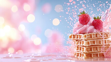  Stacked waffles with whipped cream and strawberries on top