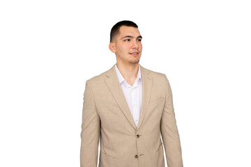 Young businessman wearing suit looking sideways on transparent background, perfect for image compositing