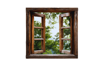 Rustic Wooden Window Open to Scenic Green Forest View A picturesque summer landscape seen through old window panes