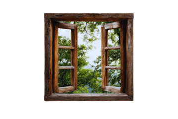 Rustic Wooden Window Open to Scenic Green Forest View A picturesque summer landscape seen through old window panes