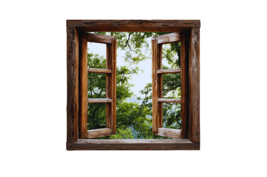 Fototapeta Rustic Wooden Window Open to Scenic Green Forest View A picturesque summer landscape seen through old window panes