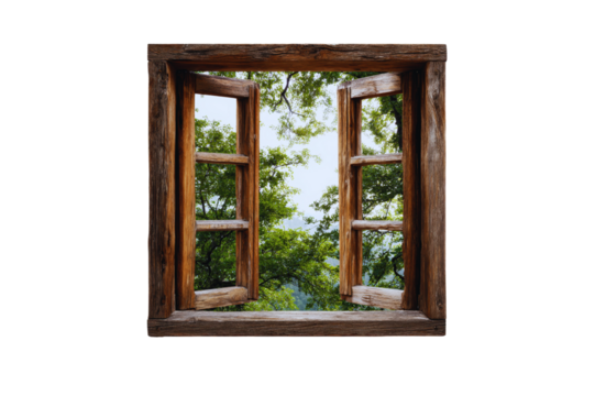 Rustic Wooden Window Open to Scenic Green Forest View A picturesque summer landscape seen through old window panes