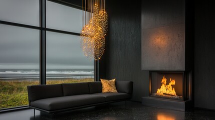   A spacious living room featuring a cozy couch and warm fireplace, all framing a stunning ocean view through a grand window