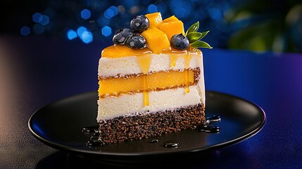   A slice of cake sits on a black plate, adorned with blueberries and oranges It's placed on a table for easy access