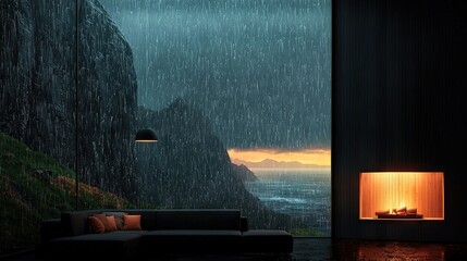   Living room with furniture, fireplace, and ocean views