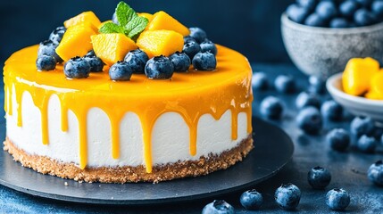   Close-up of a cake on a plate with blueberries and oranges nearby, and a bowl of blueberries in the background