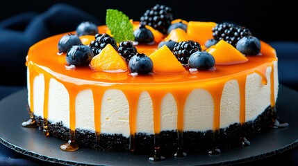   A cake adorned with orange icing, blackberries and blueberries rests on a dark plate