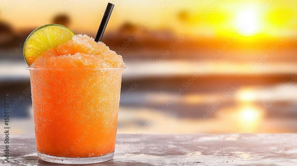 Poster a close-up of a drink with a lime slice and straw on a table amidst a sunset backdrop