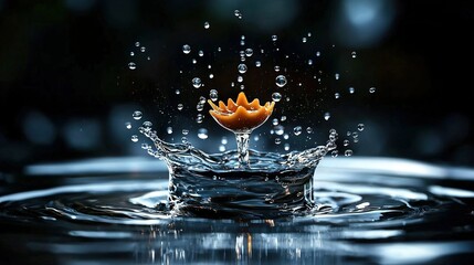   Orange flower floats on water with a splash