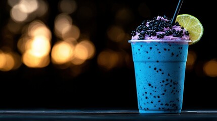   A detailed photo of a glass filled with blue liquid topped with sprinkles, and a lemon wedge nestled in the rim