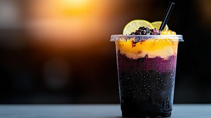   Close-up of drink in plastic cup with straw and garnishes