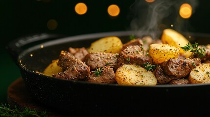   A close-up of a pan with meat and potatoes emitting smoke