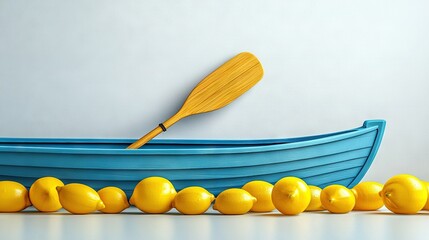  A blue boat with lemons on its sides and a paddle sticking out