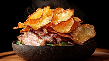   A bowl of potato chips sits atop a wooden table, beside a steaming hot sauce and a cup of tea