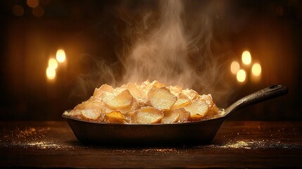   A frying pan overflowing with dishes sits atop a wooden table, beside a wall adorned with flickering candles