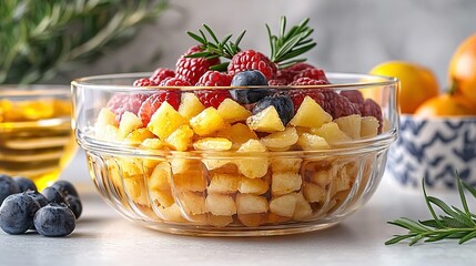   A bowl of fruit packed with juicy berries, sweet pineapples, plump blueberries, luscious raspberries, and bright oranges
