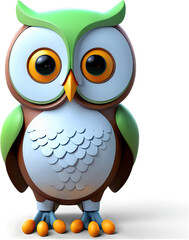 Cute cartoon owl with big eyes perches on a branch, creating a whimsical and endearing scene