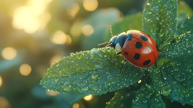 Ladybug resting on a dewy green leaf in soft sunlight