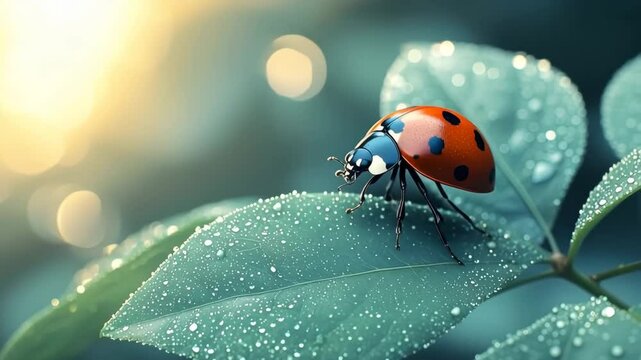 Ladybug on a dewy leaf in soft morning light