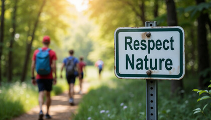Obraz premium Hikers Walking on Nature Trail with Respect Nature Sign in Lush Green Forest for Outdoor Blogs, Eco-friendly Websites, Environmental Awareness Campaigns, and Nature Conservation Articles 
