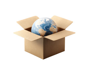 Global delivery concept earth inside a cardboard box
