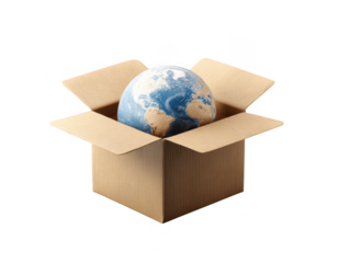 Global delivery concept earth inside a cardboard box