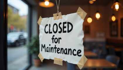 Closed for maintenance sign hanging on cafe door. Simple closed sign on crumpled paper with text. Temporary closure announcement for small business.