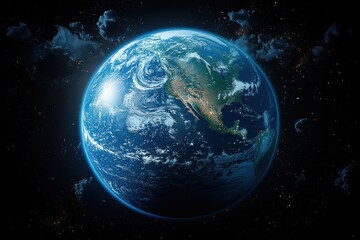 Earth as seen from space showcasing vibrant blue oceans and continents under a starry sky
