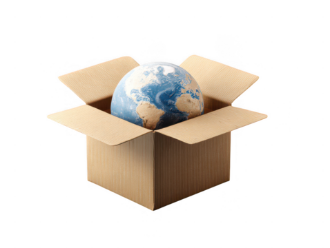 Global delivery concept earth inside a cardboard box