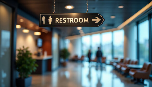 Modern restroom sign hanging in spacious building hallway. Restroom directional sign with male and female symbols indicates toilet location.