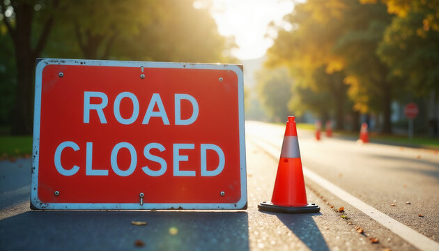 Road closed sign with orange traffic cone on asphalt road. Road closure announcement with warning sign and safety cone.