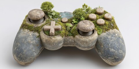 Stone gaming controller with moss and nature-inspired design.