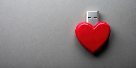 Fototapeta premium Modern technology element on a gray background with a heart-shaped USB drive in the center, heart shaped usb drive, digital storage