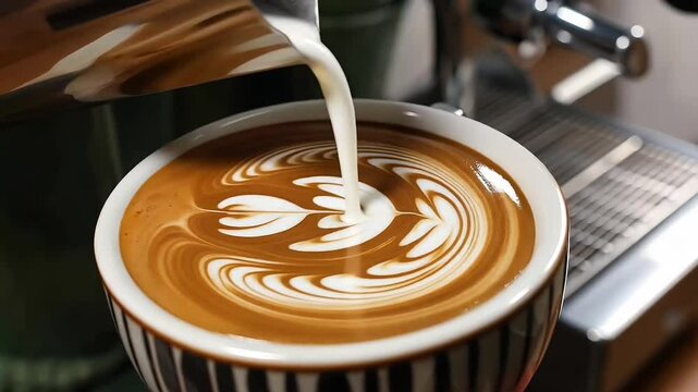 Close-up slow-motion capture of a barista pouring steamed milk into espresso, forming intricate latte art swirls