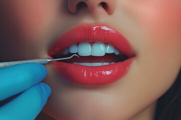 Obraz premium Close-up view of oral dental care with tools highlighting healthy teeth and lips