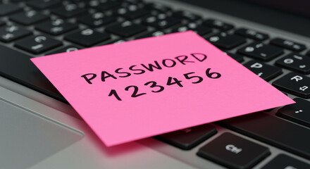 Sticky note with the word "password 123456" on a laptop keyboard. Data protection, password strength concept.