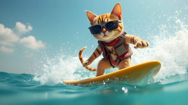 chat cool debout sur une planche qui surfe une vague sous le soleil des tropiques 