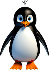 A glossy, 3D render showcases a whimsical cartoon penguin standing on a black background, full shot.