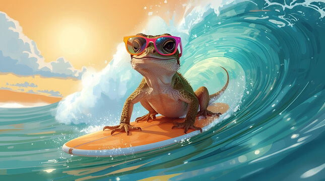 un iguane &agrave; lunettes qui surfe une vague tubulaire 