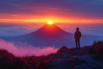 Mount Bromo volcano erupts during a vibrant sunrise with silhouetted figure